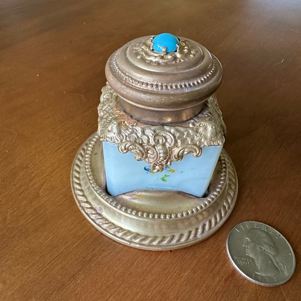 Antique French Opaline Glass And Brass Inkwell w/Jeweled Top - Picture 3 of 10